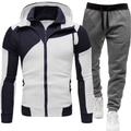 Men's slim fit two-piece tracksuit set with contrast color hoodie and grey joggers - White Top + Black Waist Dark Gray Pants