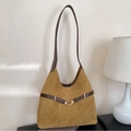 Minimalist vintage tote in earth yellow suede with dark brown leather strap - Khaki