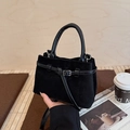 Retro black matte crossbody bucket bag with elegant metal buckle and top handle detail - Black