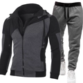 Men's slim fit grey and black tracksuit with double zipper hoodie and joggers - Black Top + Black Waist Dark Gray Pants