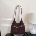 Deep brown faux suede tote bag with leather straps and golden metal buckle details - Brown