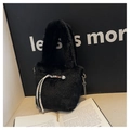 Detail of plush bucket bag with pearl accents, silk scarf, and gold chain strap - Black