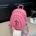 Pink PU leather backpack with silver rivets and vintage cross pendant detail - Pink