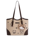 Bolso tote beige y marrón con motivos de gatos y colgante de oso de peluche para mujer - Color Té con Leche Con Colgante
