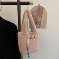 Pink faux fur handbag featuring elegant pearl accents and a silk ribbon with chain - Pink