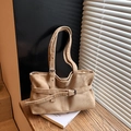 Khaki suede tote bag featuring an adjustable buckle strap and a soft textured finish - Khaki