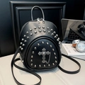 Fashionable black mini backpack with silver rivets and cross chain detail for women - Black