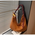 Vintage brown suede hobo bag with red woven strap and a cute dachshund puppy pendant - Tan