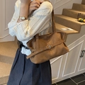 Brown vintage suede tote bag with decorative buckle for women in daily commute - Brown
