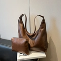 Bolso tote de cuero PU marrón vintage con bolsa pequeña y correa ancha de hombro - Marrón
