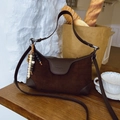 Deep brown suede and smooth leather crossbody bag with vintage wooden bead charm - Coffee with Pendant