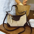 Vintage beige suede and dark brown leather crossbody bag with wooden bead charm - Khaki With Pendant