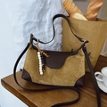 Vintage mustard yellow suede crossbody bag with dark brown leather trim and bead detail - Green with Pendant