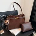 Borsa tote vintage in pelle scamosciata marrone con ciondolo leopardato e pochette - Camoscio Caffè Con Pendente