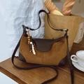 Vintage brown suede and leather crossbody bag with beaded pendant and flap closure - Brown with Pendant