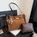 Brown faux suede tote bag set with matching leather pouch and leopard heart pendant - Suede Brown With Pendant