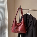 Vintage dark red faux leather tote bag with unique diagonal zipper and adjustable strap - No Pendant / Red