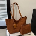 Braunes Wildleder-Tragetaschen-Set mit passender Reißverschlusstasche und Lederknoten - Tote Bag Und Beutel / Braun