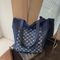 Borsa tote in denim blu scuro con design patchwork a quadri vintage e grande capacità - Blu scuro