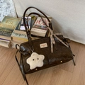 Sac à épaule en cuir marron café rétro avec motif vintage et nœud à carreaux - Café avec Pendentif