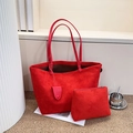 Red suede tote bag set with matching inner pouch and elegant teardrop charm detail - Tote Bag And Pouch / Red
