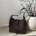 Detail of vintage dark brown suede oversized hobo bag with buckled leather strap - Brown