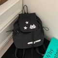 Koreanischer Rucksack mit schwarzem Karomuster, Kordelzug und Sternen-Stickerei - Schwarz Kariert