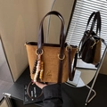 Vintage brown suede bucket bag with leather handles and decorative bohemian beads - Brown with Pendant