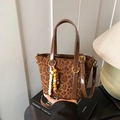 Retro leopard print faux suede bucket bag with leather handles and beaded charm - Leopard Print Brown With Pendant