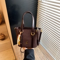 Vintage dark brown suede bucket bag with leather handle and colorful beaded tassel - Coffee with Pendant