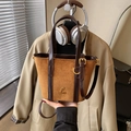Vintage caramel suede bucket bag with leather trim and adjustable crossbody strap - Brown No Pendant