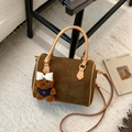 Brown frosted Boston handbag with plush bear charm and adjustable shoulder strap - Brown Large With Pendant