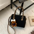Retro black frosted Boston bag with brown handles and a cute teddy bear charm - Black Large With Pendant