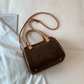 Retro deep brown suede Boston bag with light camel handles and gold metal accents - Large Coffee Without Charm