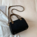 Vintage black frosted leather Boston bag with brown straps and gold hardware - Black Large Without Pendant