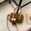 Deep brown matte Boston bag with top handles and a cute teddy bear charm detail - Brown Small With Pendant