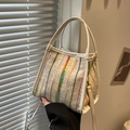 Rainbow striped woven bucket bag with white leather trim and detachable strap - Off White