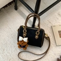 Vintage black frosted mini Boston bag with brown handles and cute teddy bear charm - Black Small With Pendant
