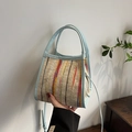 Striped woven bucket bag in beige with red and yellow stripes and blue leather handles - Blue