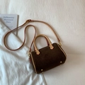Dark brown matte suede Boston bag with light tan handles and gold-tone hardware - Small Coffee Without Charm