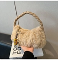 Beige plush handbag with woven handles and colorful beads in a soft autumn texture - Khaki with Pendant