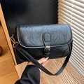 Retro black faux leather shoulder bag with vintage buckle and gold hardware detail - Black
