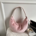 Pink plush dumpling shoulder bag in soft faux rabbit fur with matching leather strap - Pink