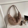 Brown faux fur crescent hobo bag with dark leather strap for autumn winter style - Coffee
