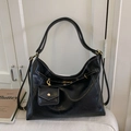 Retro black large tote bag with contrast stitching and small front pocket detail - Black
