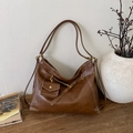 Retro brown oversized tote bag in polished leather with contrast stitching and mini pouch - Brown