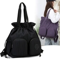 Minimalist pleated drawstring backpack in purple with large capacity and double front pockets - Black