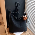 Minimalist black matte tote bag with small brown bear charm and bow detail - Black with Pendant