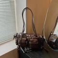 Bolso bandolera retro marrón oscuro con múltiples bolsillos y ojales metálicos de PU - Marrón