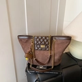 Retro brown suede tote bag with diamond quilting, gold chain strap, and heart charm - Coffee with Pendant